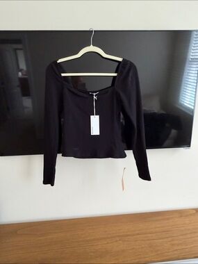 Reformation Black Long-Sleeve Square Neck Ribbed Top